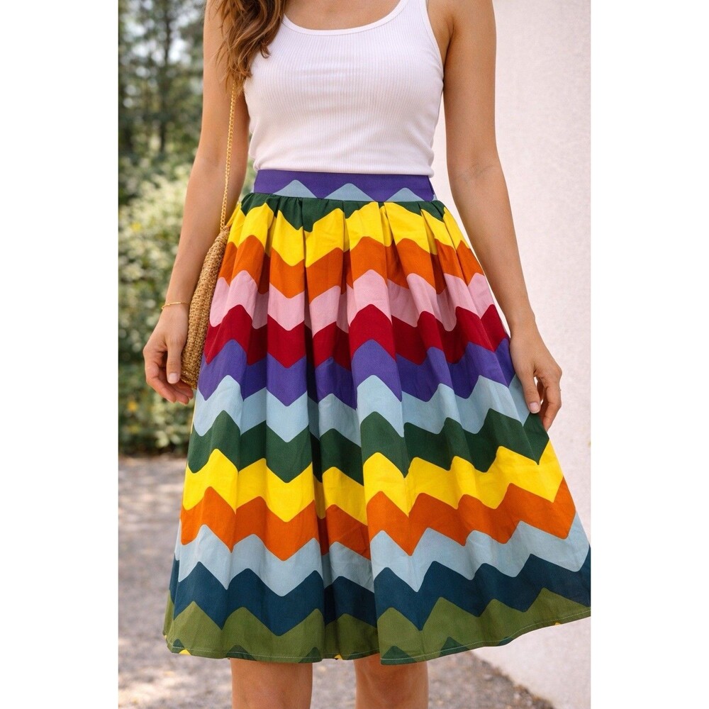 Collectif Skirt Womens 8 Multicolor Chevron Pleated Midi Cotton Blend Full